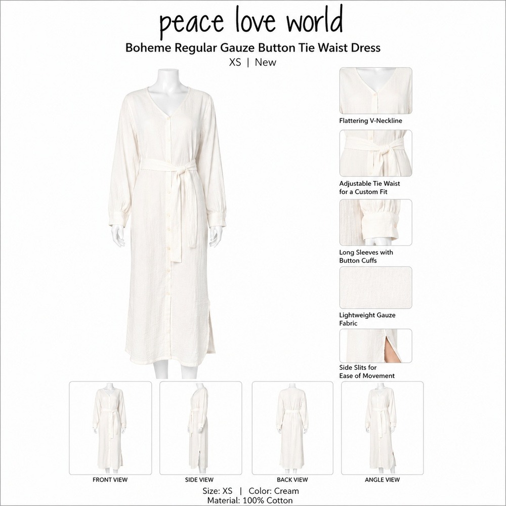 Peace Love World Boheme Gauze Button Tie Waist Dress Cream XS New‎
